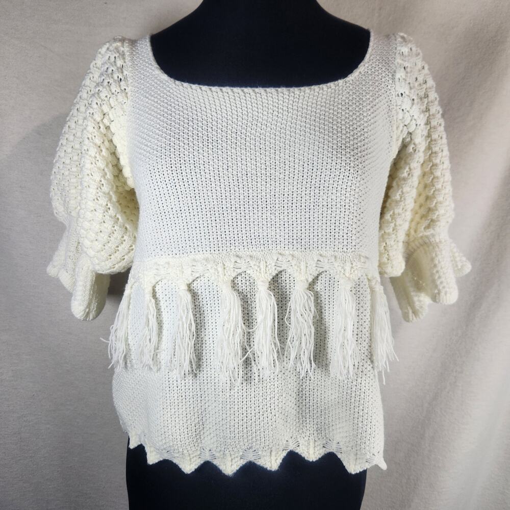 NWOT BiBi S Cream Sweater Baby Doll Deep Scoop Fringe Detail Puff Sleeve Boho